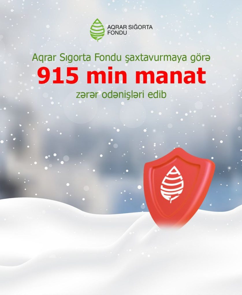 Aqrar Sığorta fondu tərəfindən şaxtavurma hadisələri üzrə 915 min manat sığorta ödənişi həyata keçirilib.