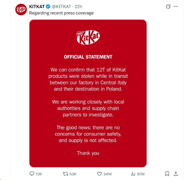 İtaliya ilə Polşa arasında 12 ton KitKat çubuq şokoladı oğurlanıb. Şirkətin məlumatına görə, bu hadisə qida böhranının Avropaya təsirini nümayiş etdirir.